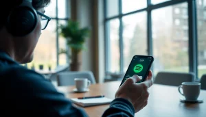 Person enjoying the Spotify mod app on a smartphone in a modern workspace.