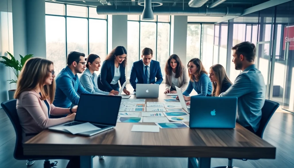 Engaging team collaborating on Business Marketing strategies in a modern workspace.