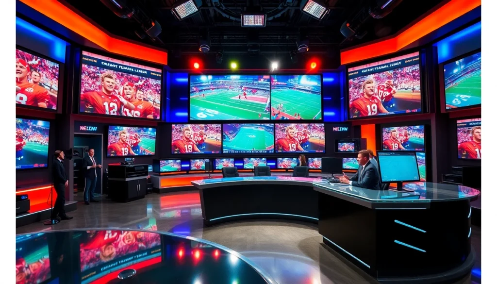Engaging scene of Sports Broadcasting studio featuring live action and dynamic presenters.