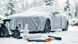 Winter car protection Chattanooga featuring a car under a cover amidst snow, illustrating essential detailing tools.
