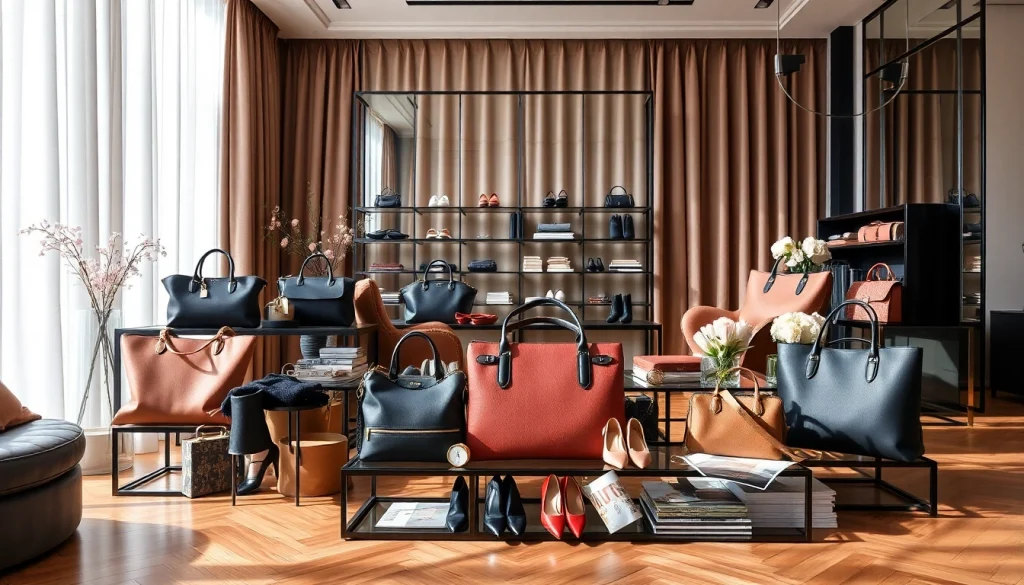 레플리카사이트에서 고급 명품가방과 액세서리를 진열한 고급스러운 부티크 모습