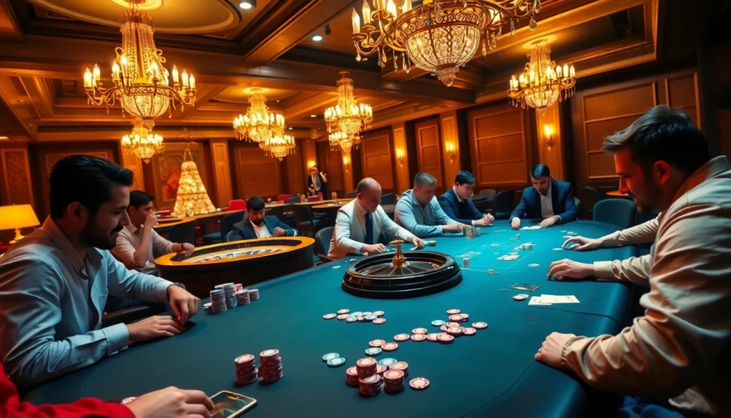 Engaged players at a luxury casino table celebrating wins with the fly88 code.
