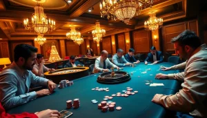 Engaged players at a luxury casino table celebrating wins with the fly88 code.