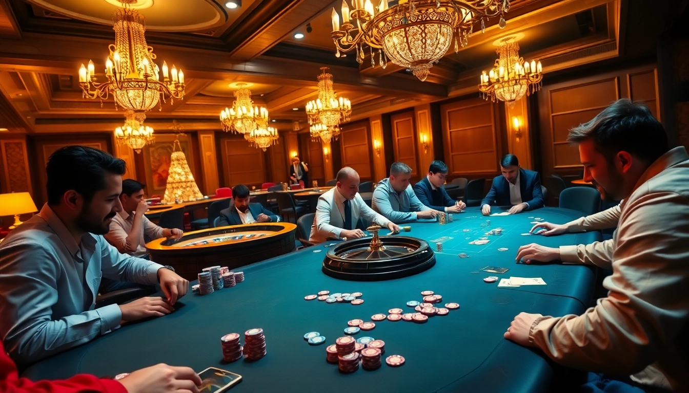 Engaged players at a luxury casino table celebrating wins with the fly88 code.