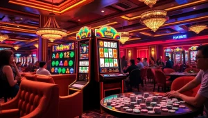 Experience the excitement of the mahjong slot demo in a luxurious casino environment with vibrant visuals.