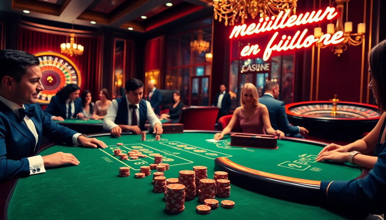 Joueurs ravis profitant des jeux au meilleur casino en ligne France, avec des jetons de poker et une roulette.