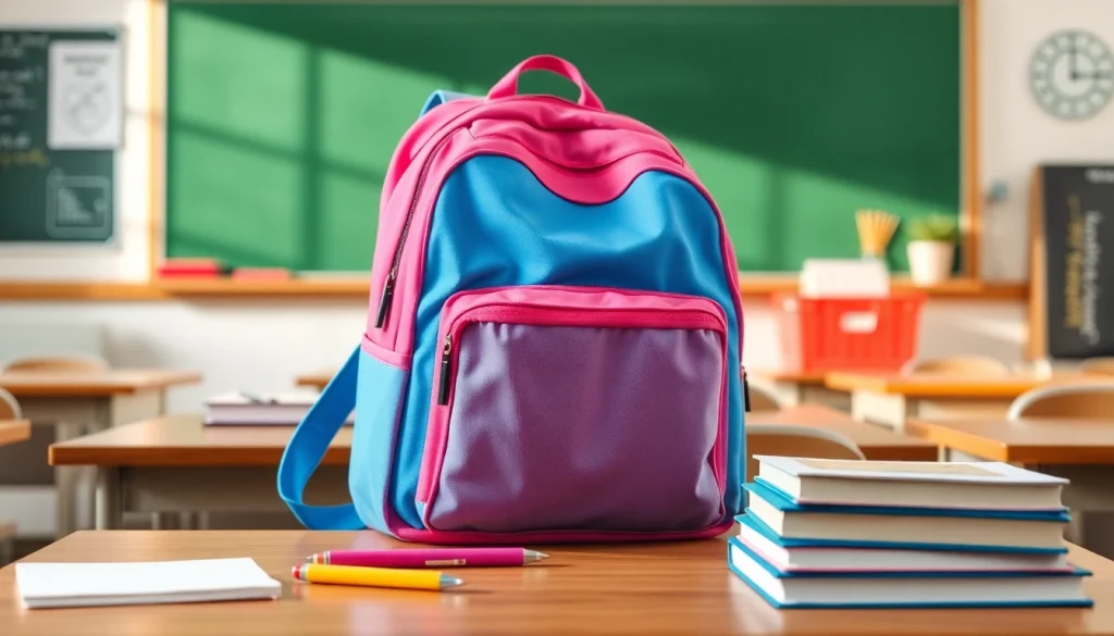 Handtasche für Schulen auf einem Schreibtisch mit Schulmaterialien arrangiert.