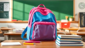 Handtasche für Schulen auf einem Schreibtisch mit Schulmaterialien arrangiert.