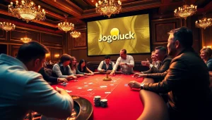 Players enjoying a thrilling poker game at Jogoluck casino with vibrant ambiance.