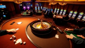 Une scène palpitante de joueurs profitant des jeux au meilleur casino en ligne France, avec des jetons de poker et des roues de roulette augmentant l'excitation.