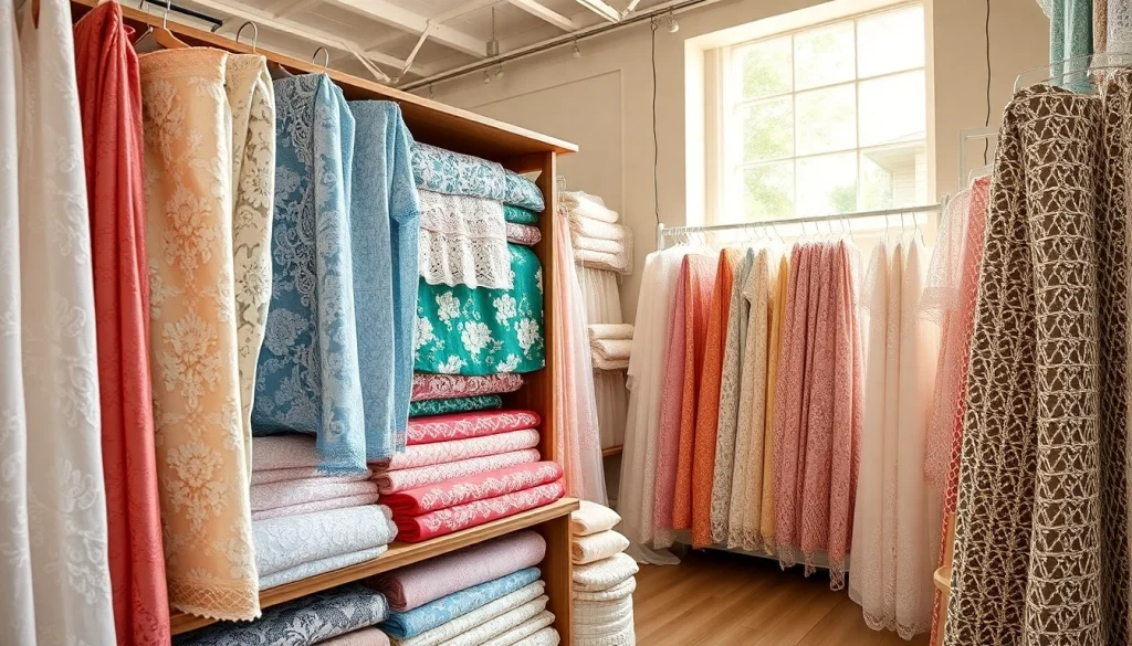 Maak kant stof kopen mogelijk met een kleurrijk assortiment aan kantstoffen in een sfeervolle winkel.