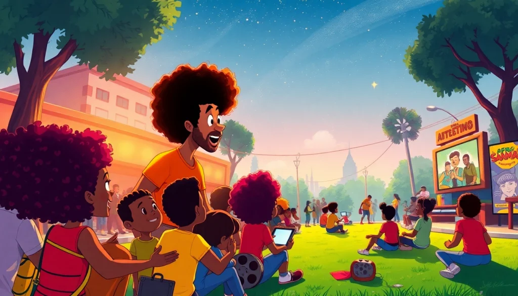 A lively illustration of African American Cartoons featuring characters from popular shows celebrating representation and diversity.