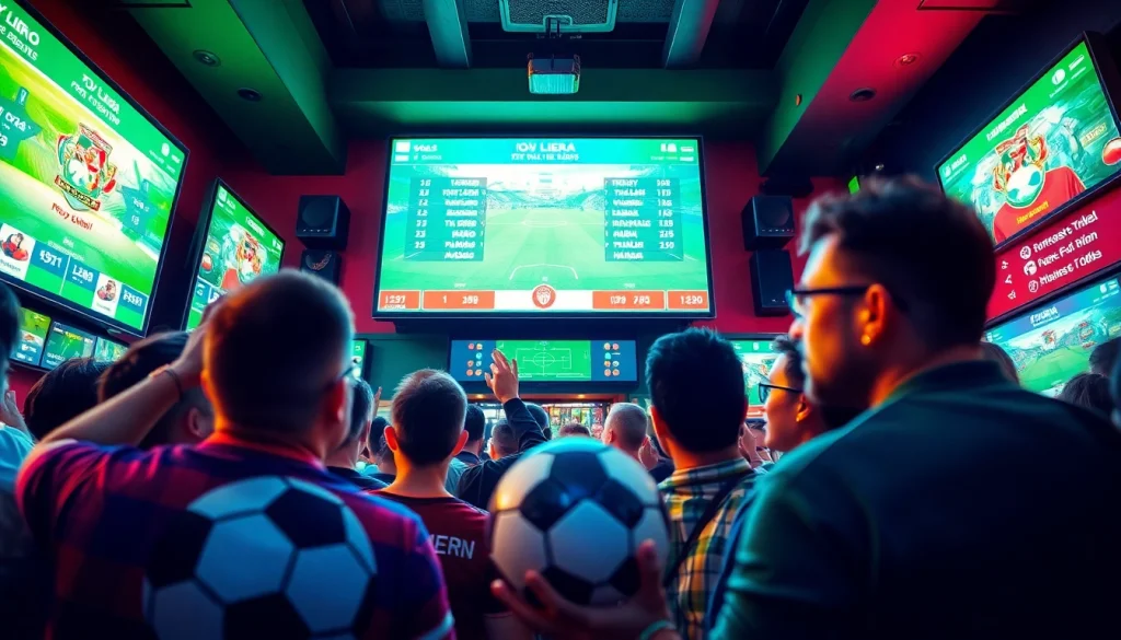 Fans engaging in football betting while checking tỷ lệ kèo updates on digital screens.
