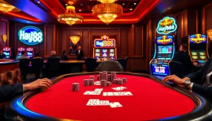 Experience thrilling high-stakes poker action at Hay88 casino with vibrant chips and elegant players.