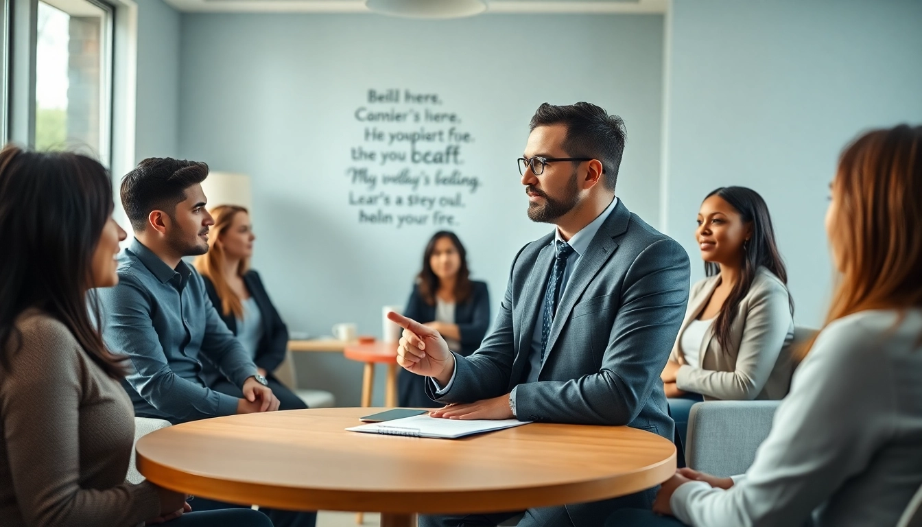 Business coach near me facilitating a dynamic session with diverse clients in an inviting office.