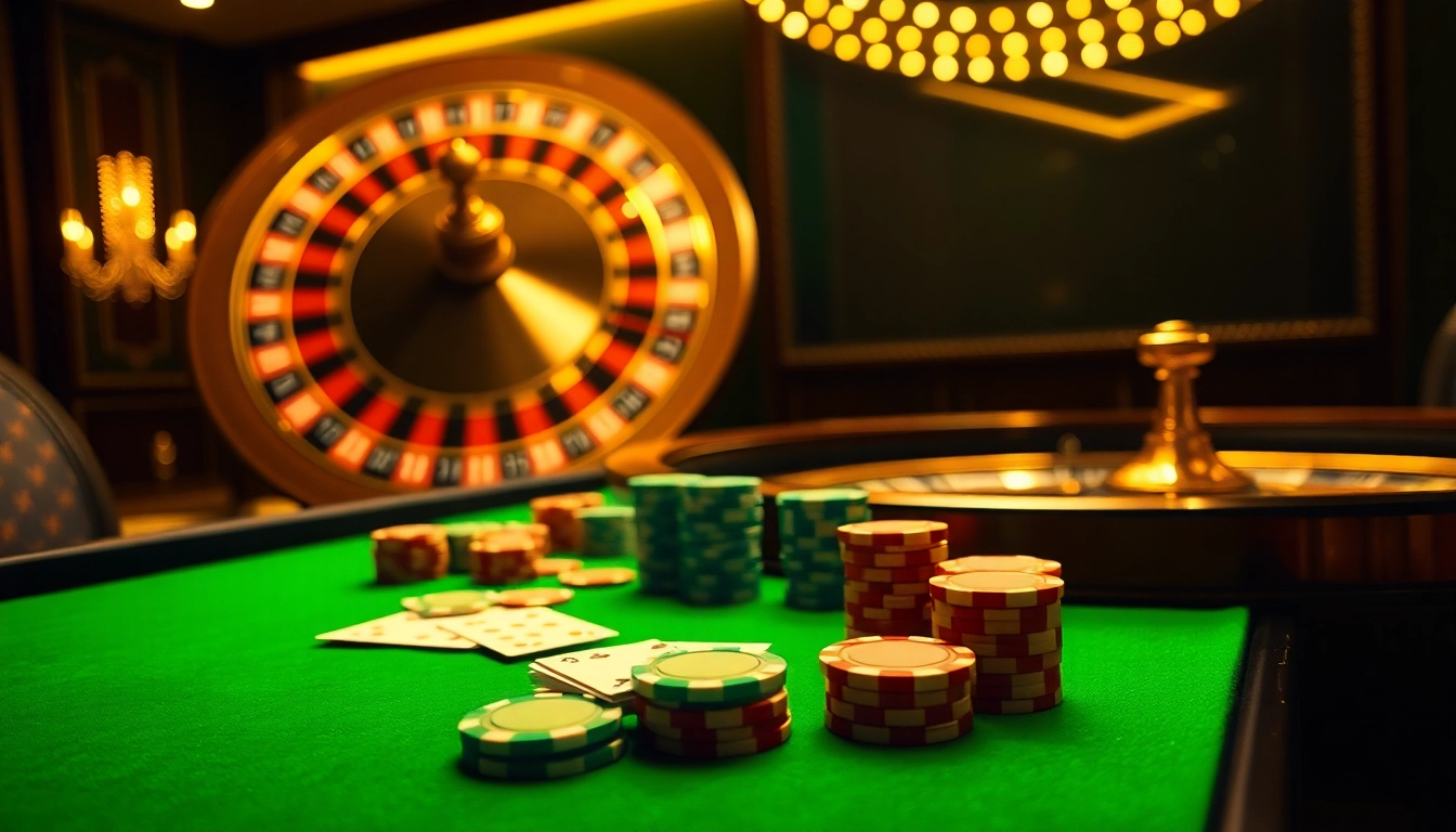 Représentation visuelle d'une table de jeu dynamique mettant en avant l'expérience du meilleur casino en ligne France avec des jetons de poker et des cartes.
