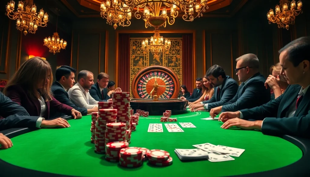 Vivez l'excitation du meilleur casino en ligne France avec des joueurs professionnels à une table de poker, mettant en avant des jetons colorés et un gameplay stratégique.