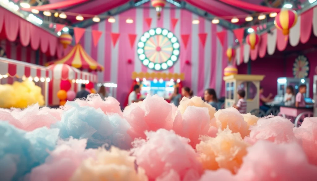 Geniet van goedkope wafelkatoen met kleurrijke smaken in een levendige carnivalsetting.