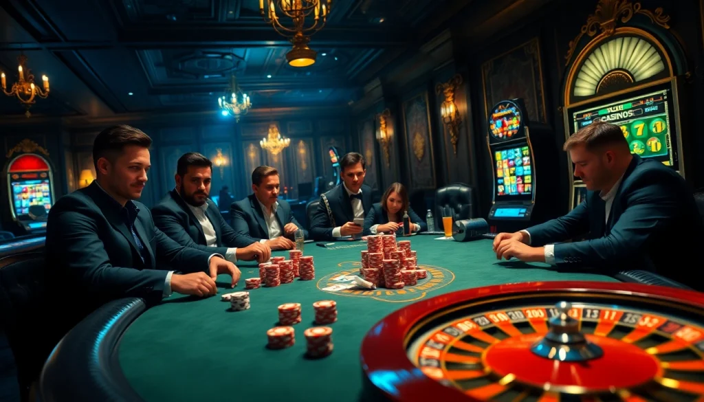 Joueurs engagés à une table de poker à enjeux élevés dans le meilleur casino en ligne France, montrant excitation et stratégie.