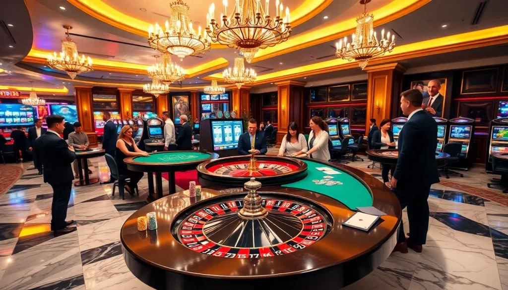 Découvrez l'excitation du casino en ligne argent réel avec des joueurs autour d'une table de roulette.