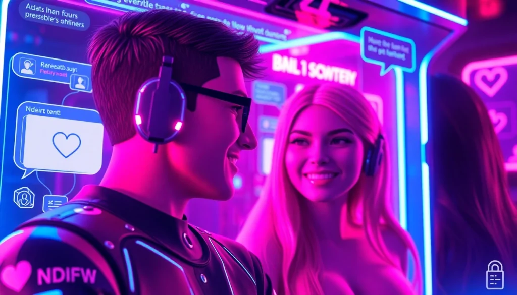Engaging scene depicting an NSFW AI interaction, showcasing avatars in a futuristic chat interface with neon lighting.