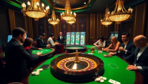 Vivez l'excitation au meilleur casino en ligne France avec des joueurs autour d'une table de roulette glamour.