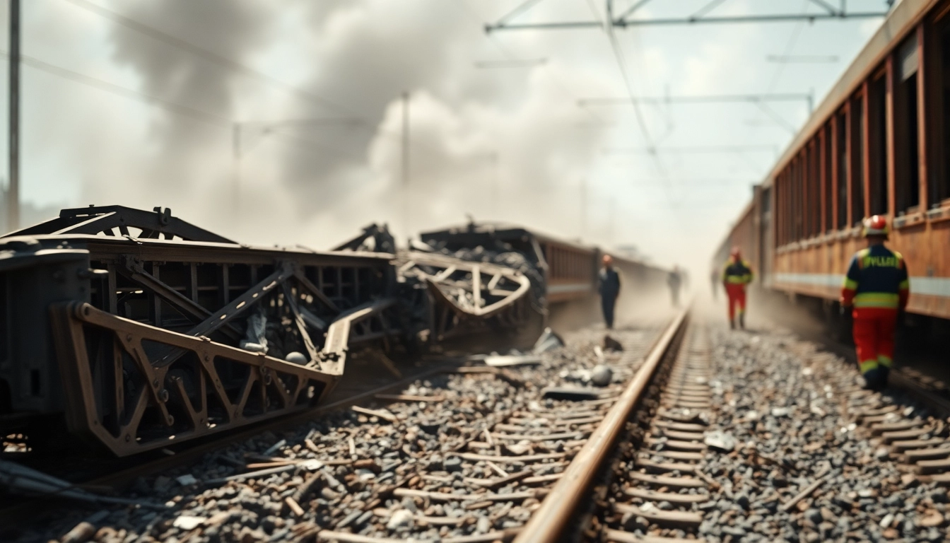 Spain train crash scene with twisted wreckage and emergency responders in action.