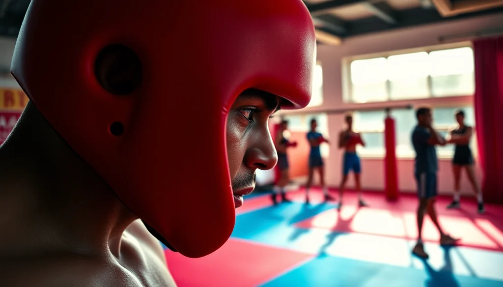 Sportler mit hochwertigem headgear boxing im Training, bereit für den Wettkampf.