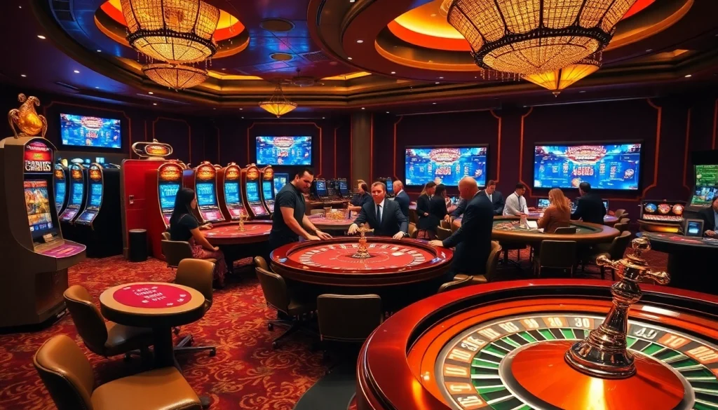 Scène engageante mettant en vedette des joueurs dans un casino en ligne Français avec des tables vibrantes et des machines à sous.