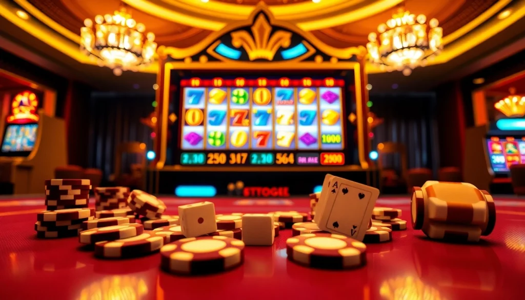 Exciting gtatogel online gambling scene with vibrant slot machines, poker chips, and betting slips.