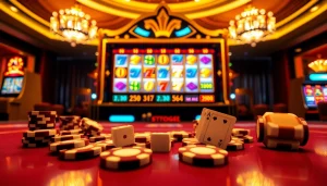 Exciting gtatogel online gambling scene with vibrant slot machines, poker chips, and betting slips.