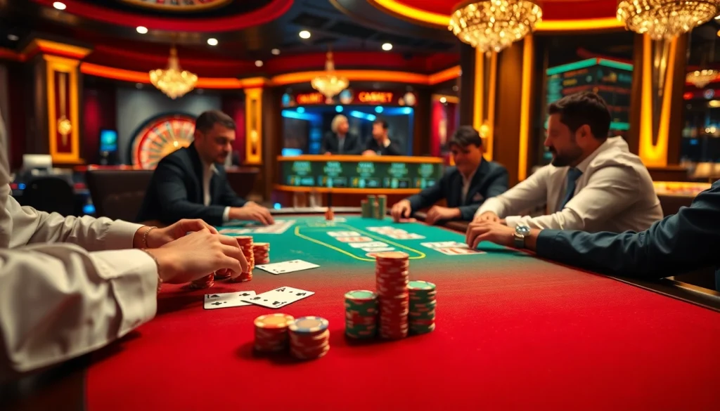 Exciting poker game at SHBET with players and vibrant chips.