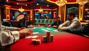 Exciting poker game at SHBET with players and vibrant chips.