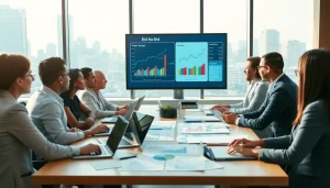 Engaging team analyzing Bid-No-Bid Analysis data during a meeting.