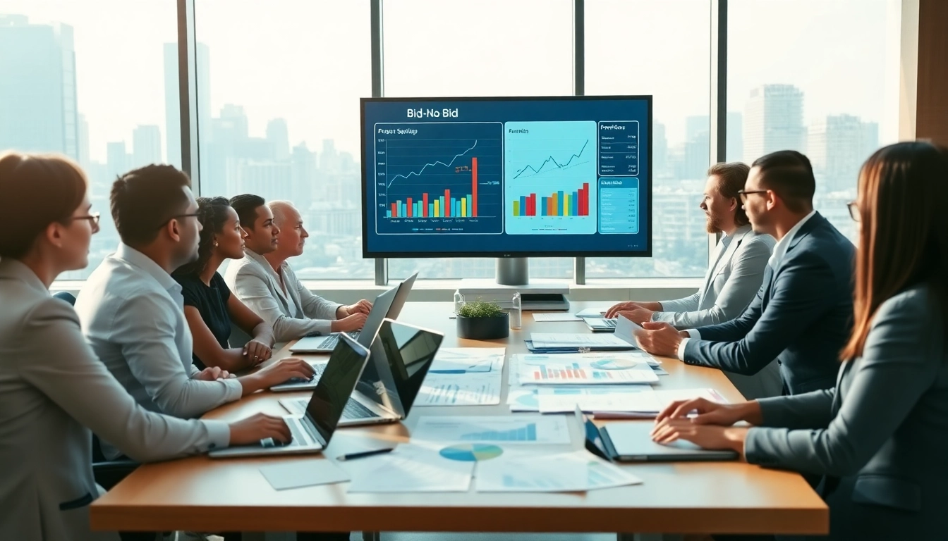 Engaging team analyzing Bid-No-Bid Analysis data during a meeting.