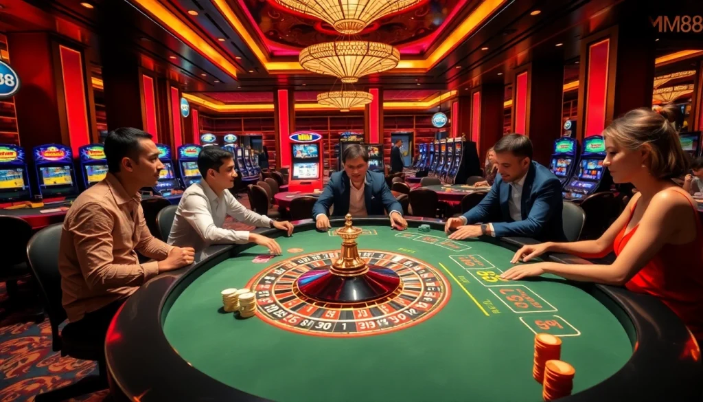 Players enjoying a thrilling poker game at mm88 com in a vibrant casino ambiance.