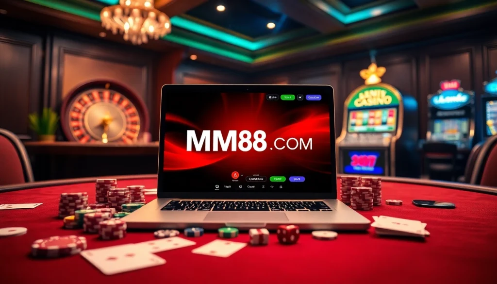 Experience the excitement of MM88 COM with vibrant casino scenes featuring tables, chips, and slot machines.