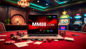 Experience the excitement of MM88 COM with vibrant casino scenes featuring tables, chips, and slot machines.