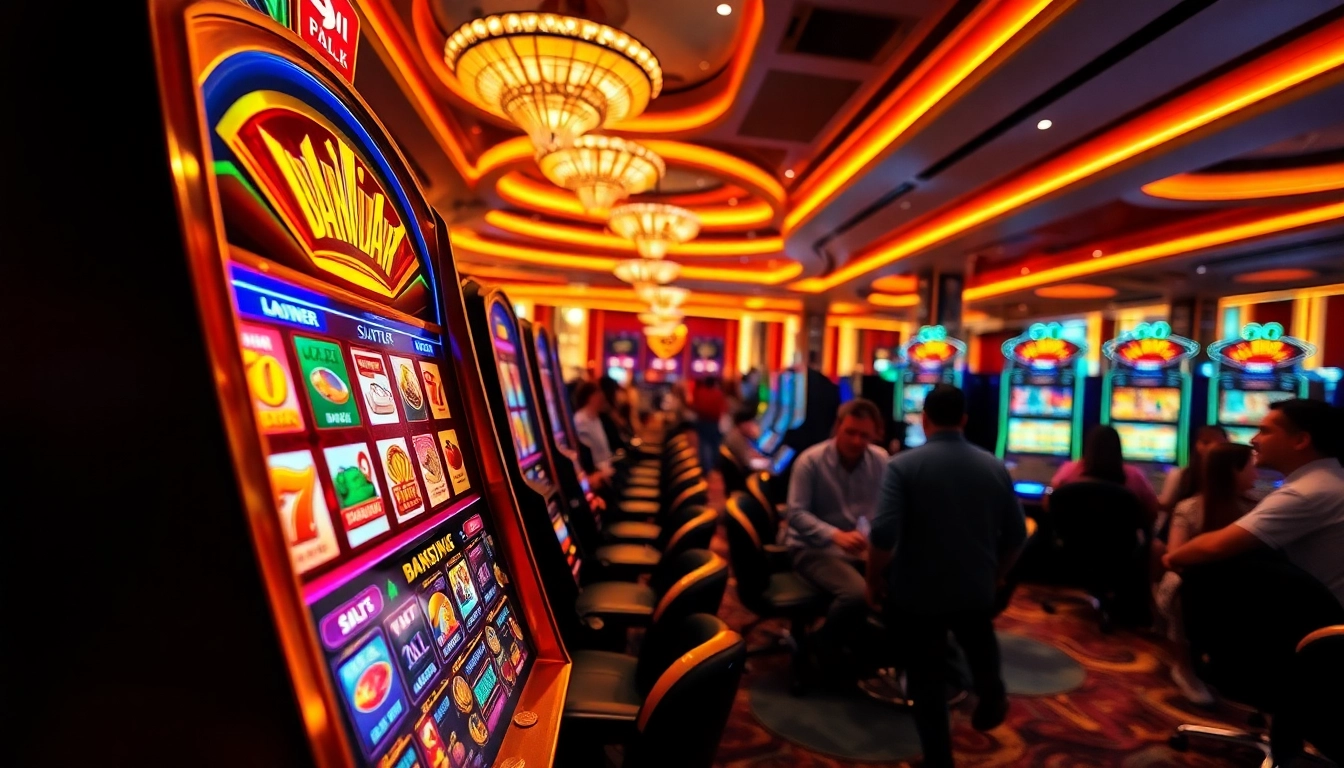 Permainan bandar slot yang menarik di kasino, menampilkan pemain yang antusias.