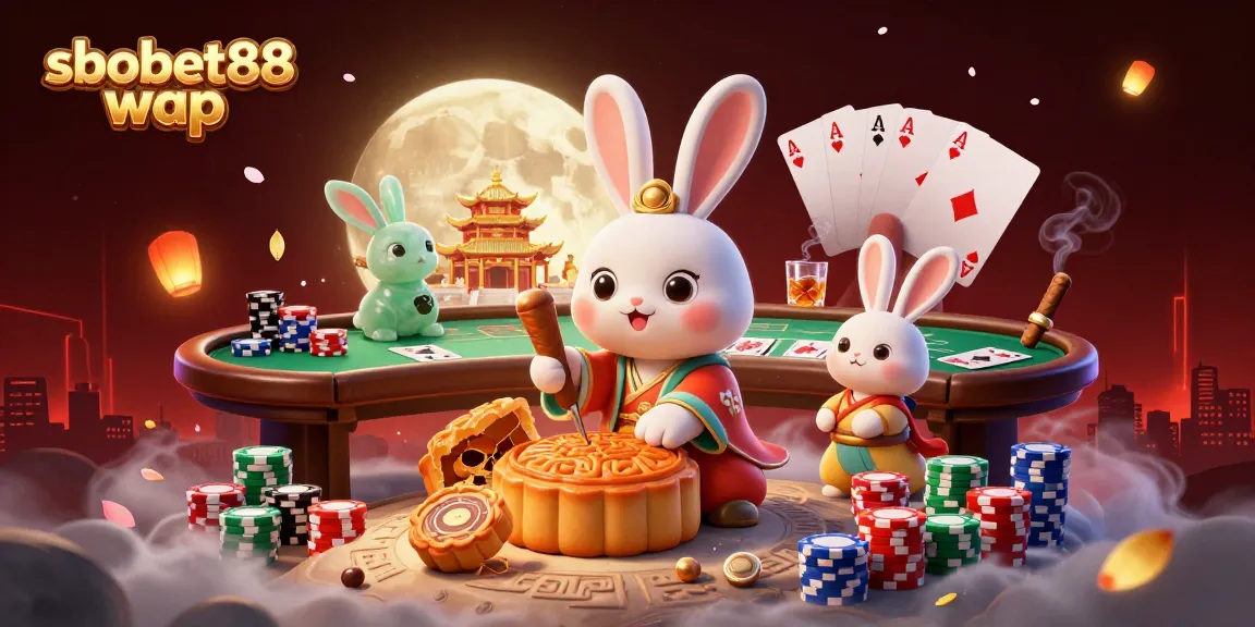 Bet on sbobet88 wap at a vibrant casino scene with cartoon moon rabbit and poker elements.