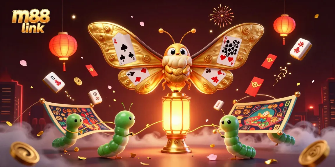 Bet on m88 link with a dazzling illustration of vibrant casino elements and a mythical moth.