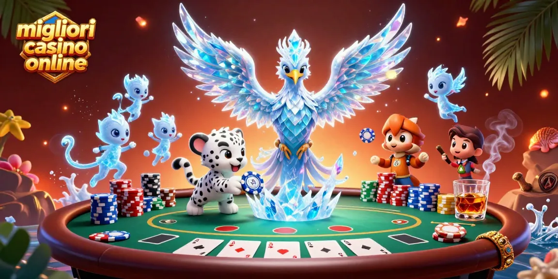I migliori casino online offrono un'illustrazione vivace con un fenice di ghiaccio e sprite, simboli delle vincite.