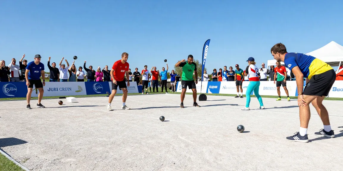 Turnamen petanque di fopikotatarakan.org, pemain berkompetisi di lapangan berpasir dengan penonton antusias.