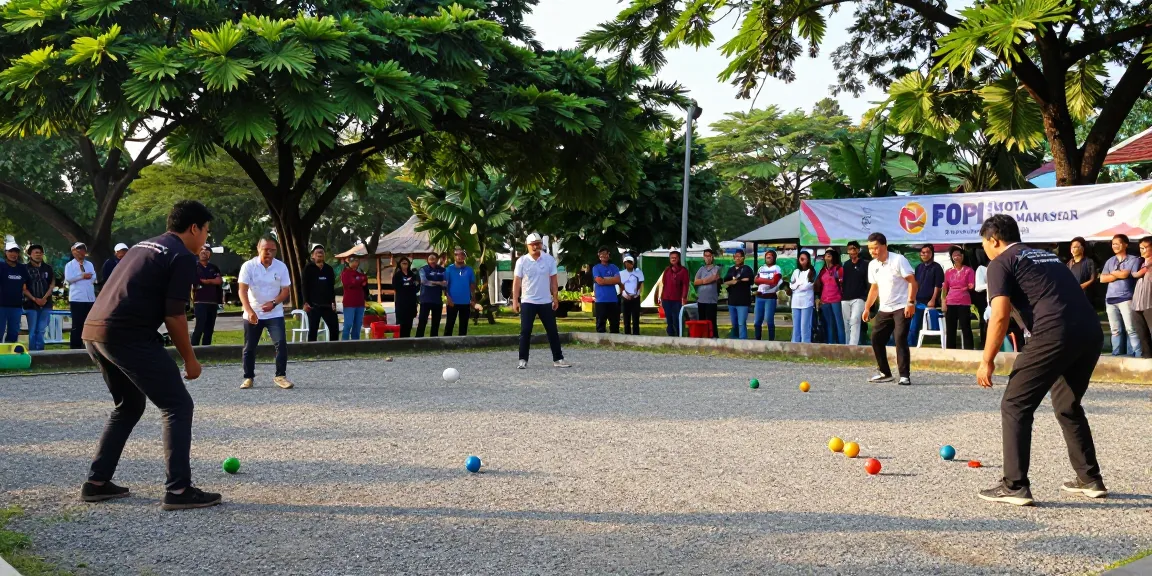 Pertandingan petanque di taman kota, mengilustrasikan komunitas FOPI Kota Makassar.