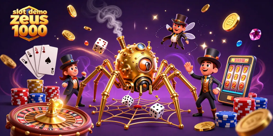 Engage in slot demo zeus 1000 with a steampunk golden spider and vintage elements amidst cascading riches