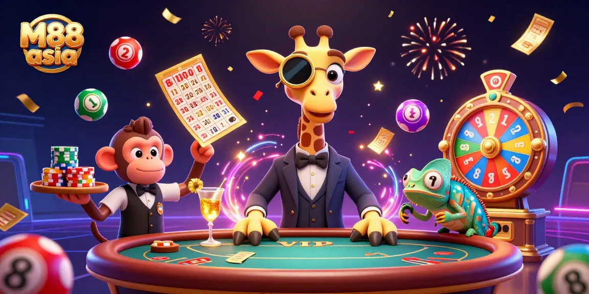 Experience the thrill of M88 asia with dynamic lottery elements and vibrant casino characters.