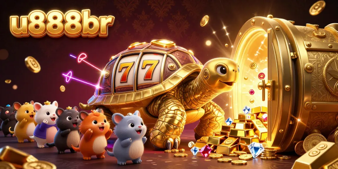 Spin and win at u888br's vibrant slot machine scene featuring a colossal tortoise and joyous animals.