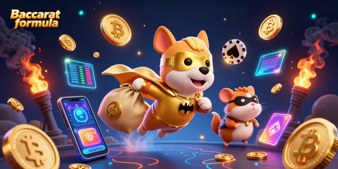 Baccarat formula illustration showing a superhero dog and hamster in a dynamic casino scene, capturing the excitement of gambling.