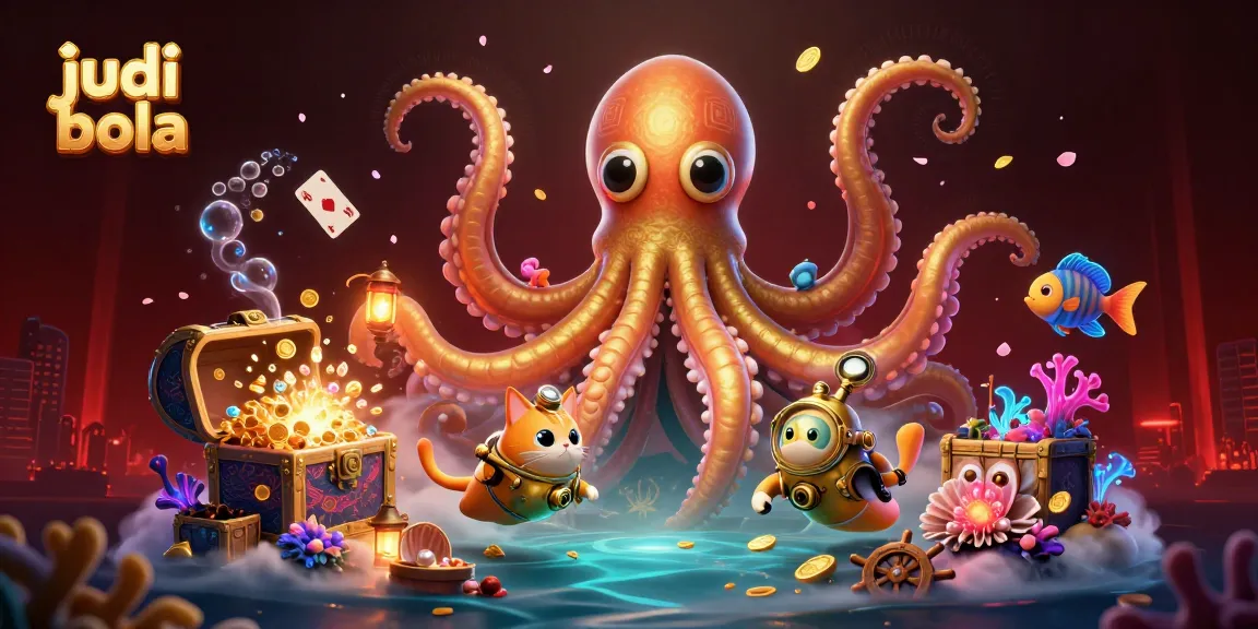 Bet on judi bola with a kraken emerging from treasure, a diving cat, and glowing fish in an action-packed scene.