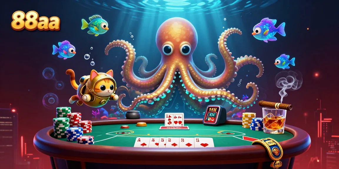 Engage in thrilling gameplay with the 88aa kraken and diving cat poker scene illuminated by deep-sea enchantments.